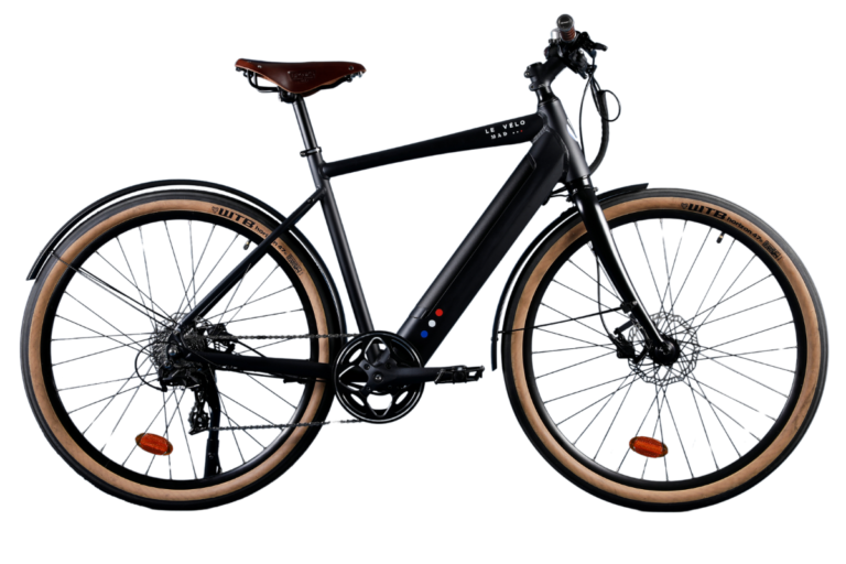 Vélo urbain élégant noir, fond transparent.